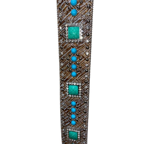 Ariat Wide Brown Western Rhinestone & Turquoise Genuine Leather Belt XL With Sil - Picture 2 of 11